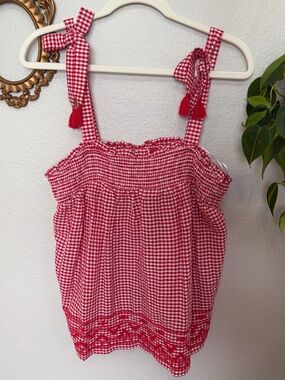 Old Navy Red Gingham Tie-Shoulder Smocked Tank